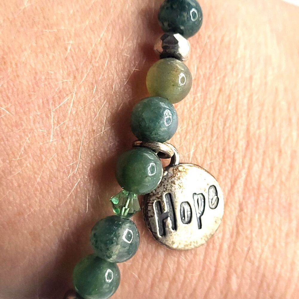 Signed SJC Sterling Silver and Gemstone Moss Agate Bead Bracelet 8in